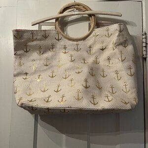 Beach Bag Cream with Gold Anchors